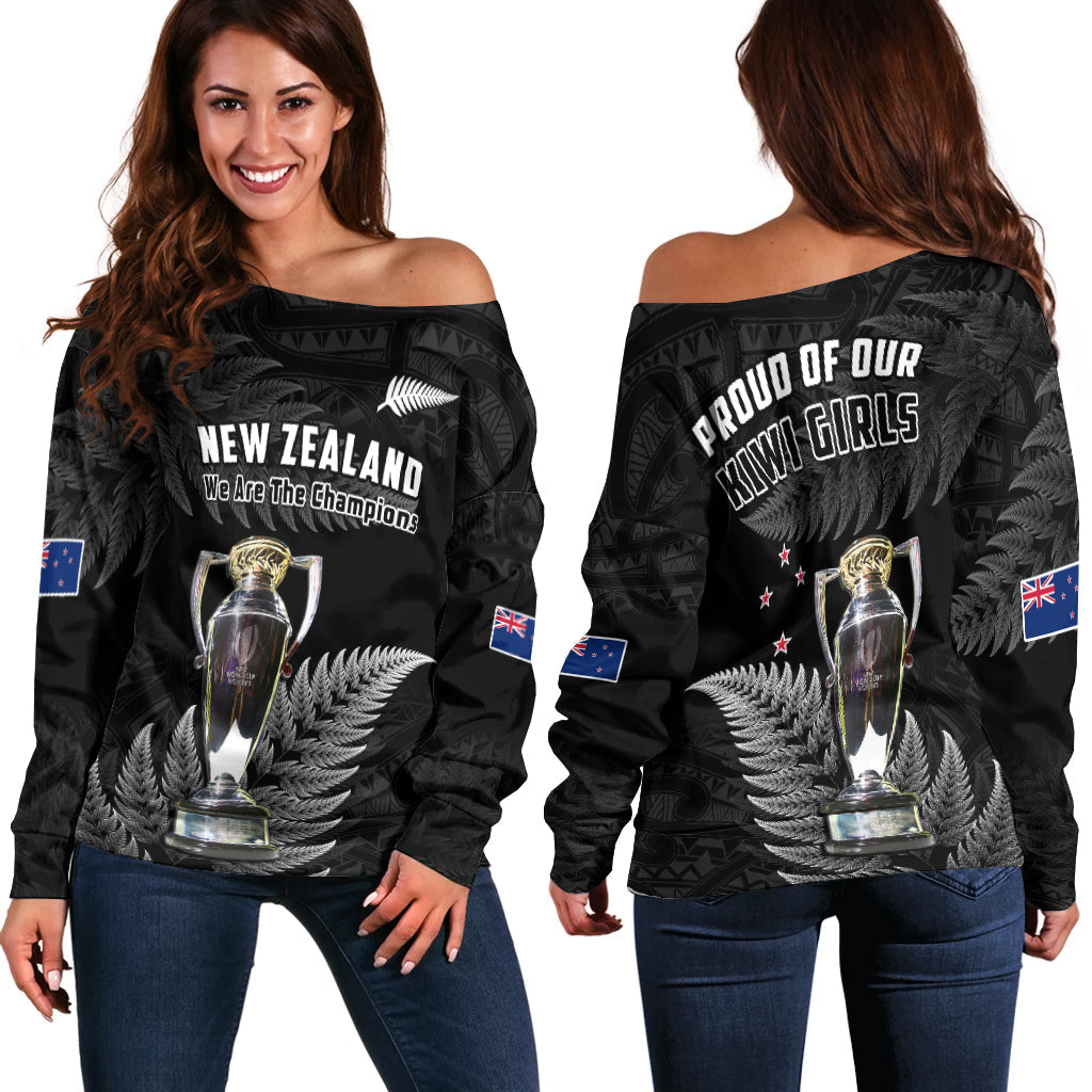 New Zealand 2022 Rugby Off Shoulder Sweater Black Fern Proud Champions RWC