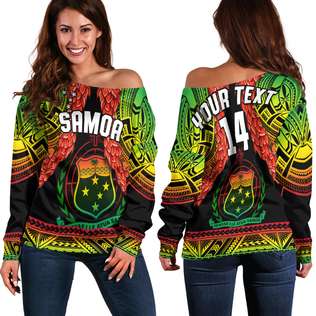 (Custom Text And Number) Samoa Rugby Off Shoulder Sweater Teuila Torch Ginger Gradient Style