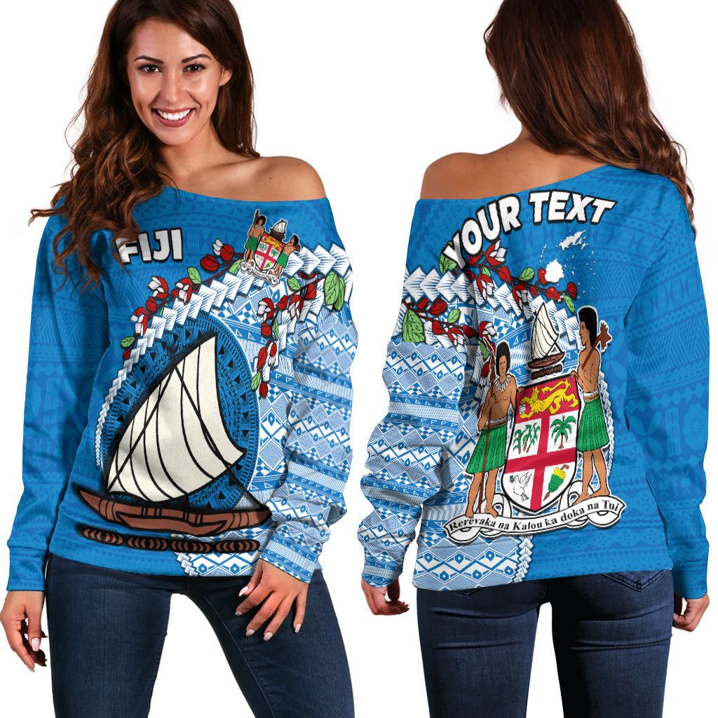(Custom Personalised) Fiji Off Shoulder Sweater Fijian Drua Mix Tagimaucia Flower Blue Style