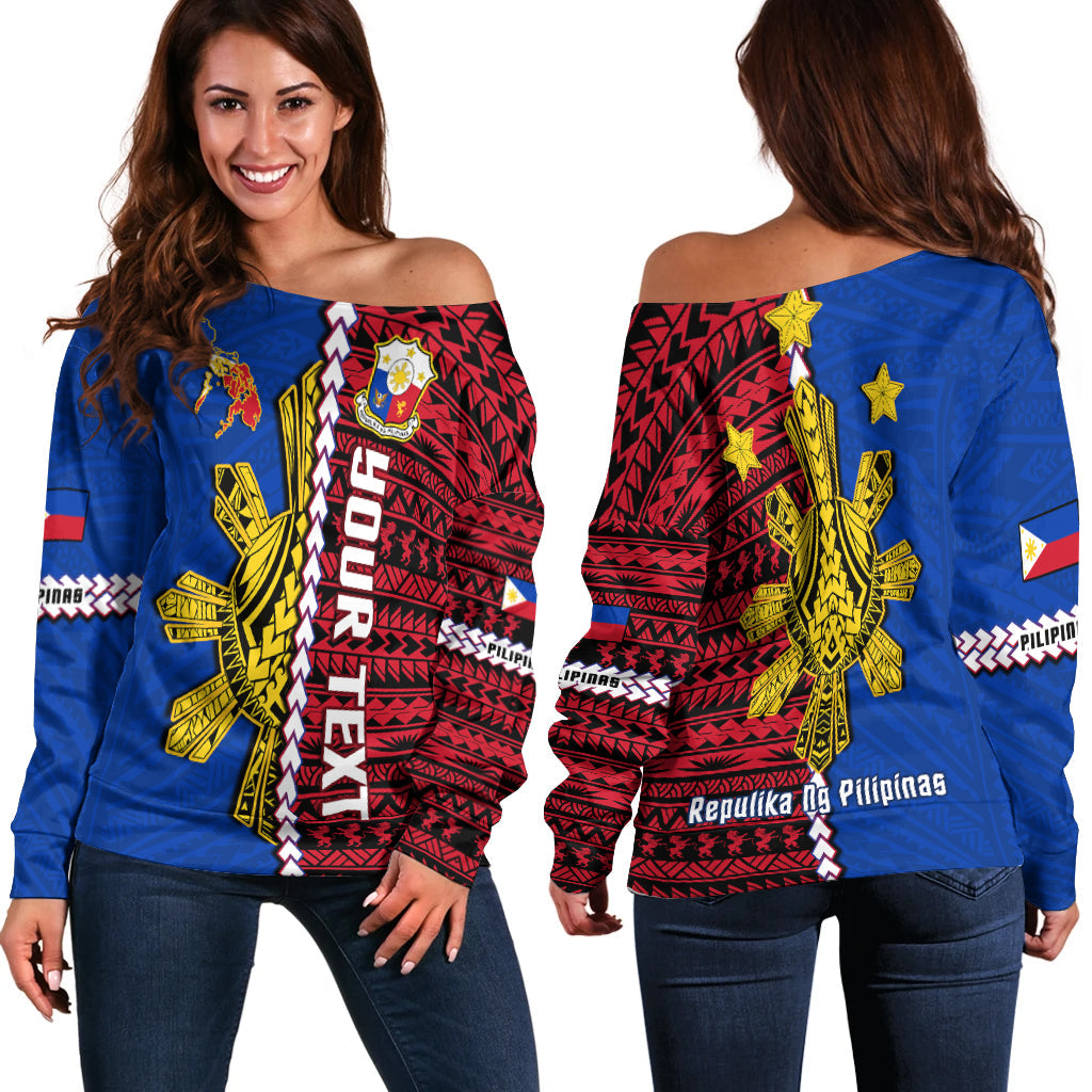 (Custom Personalised) Philippines Off Shoulder Sweater Pilipinas Sun Mix Polynesian Pattern