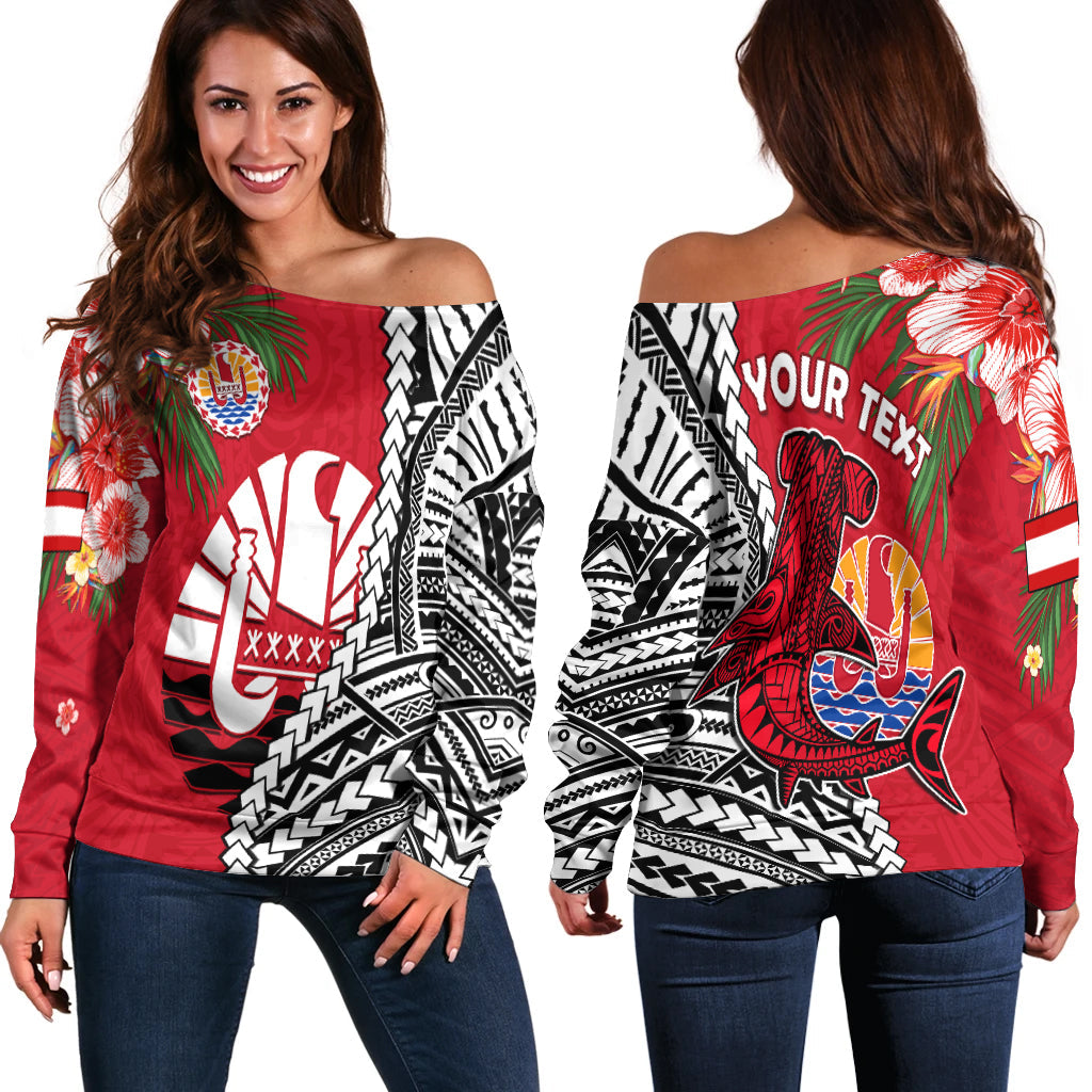 (Custom Personalised) Tahiti Islands Off Shoulder Sweater Polynesian Shark Mix Tropical Flowers