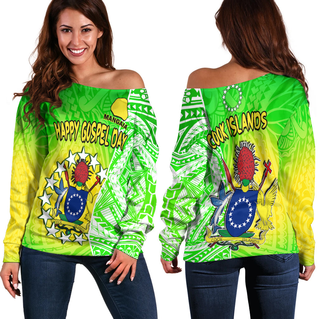 Happy Mangaia Gospel Day Off Shoulder Sweater Cook Islands Coat Of Arms Polynesian Pattern