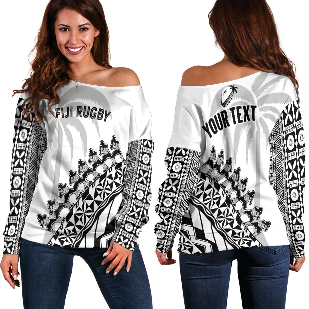 (Custom Personalised) Fiji Rugby Off Shoulder Sweater Fijian Cibi Dance Tapa Pattern White