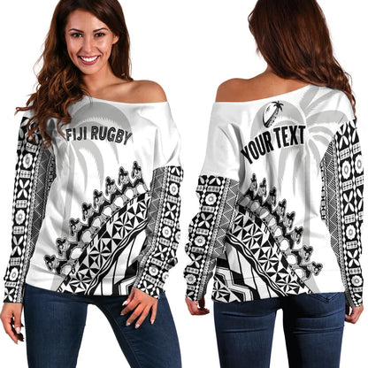 (Custom Personalised) Fiji Rugby Off Shoulder Sweater Fijian Cibi Dance Tapa Pattern White