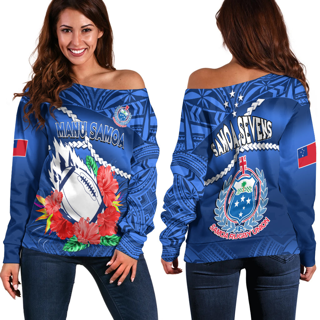 Samoa Rugby Off Shoulder Sweater Manu Samoa Polynesian Hibiscus Blue Style