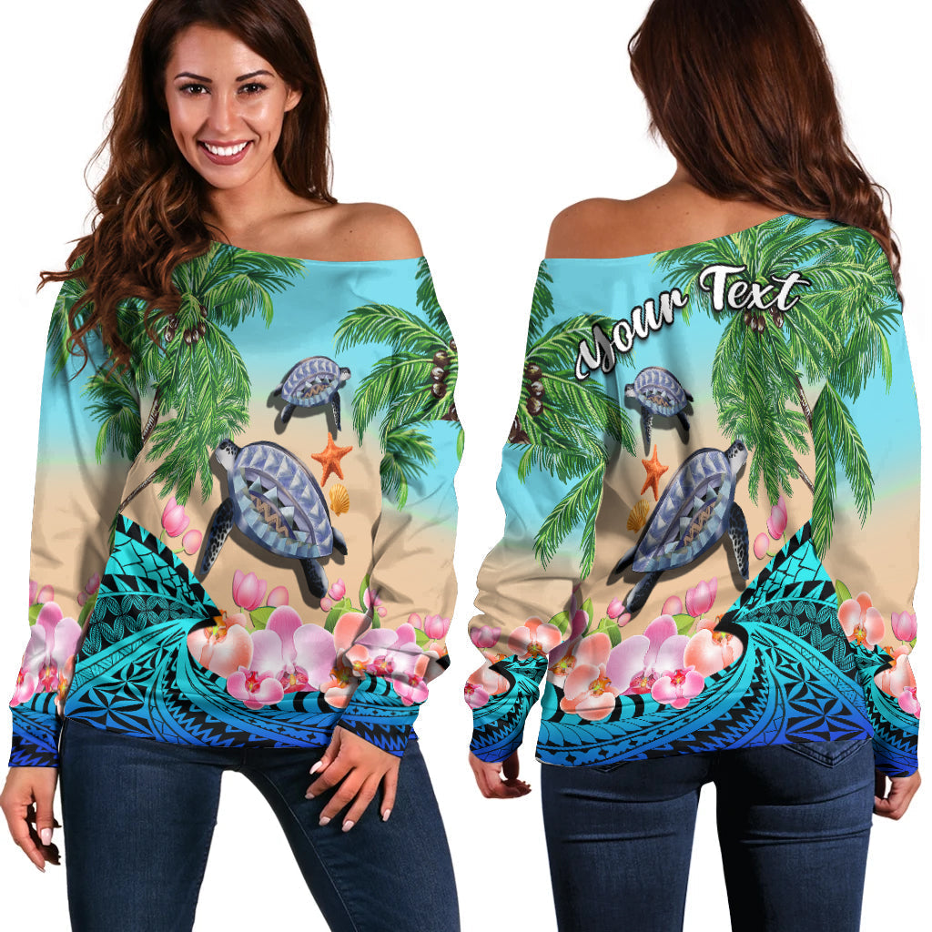 (Custom Personalised) Polynesian Turtle Coconut Tree And Orchids Off Shoulder Sweater