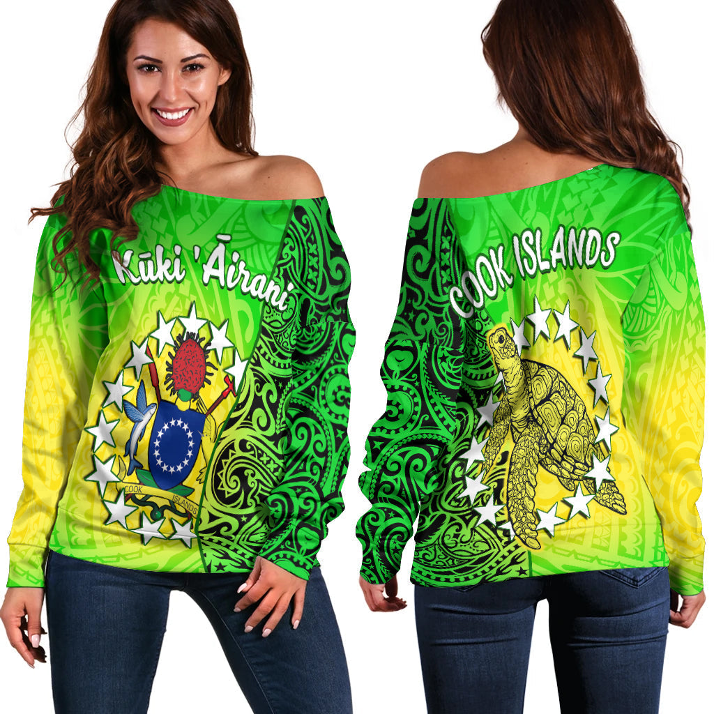 Cook Islands Off Shoulder Sweater Cook Islands Coat Of Arms Turtle Polynesian