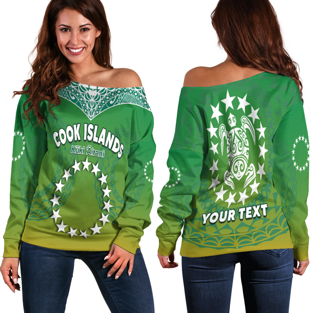 (Custom Personalised) Cook Islands Off Shoulder Sweater Circle Pattern Mix Sea Turtle Green Version