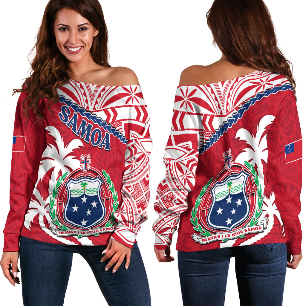 Samoa Off Shoulder Sweater Samoan Coat Of Arms With Coconut Red Style