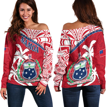 Samoa Off Shoulder Sweater Samoan Coat Of Arms With Coconut Red Style