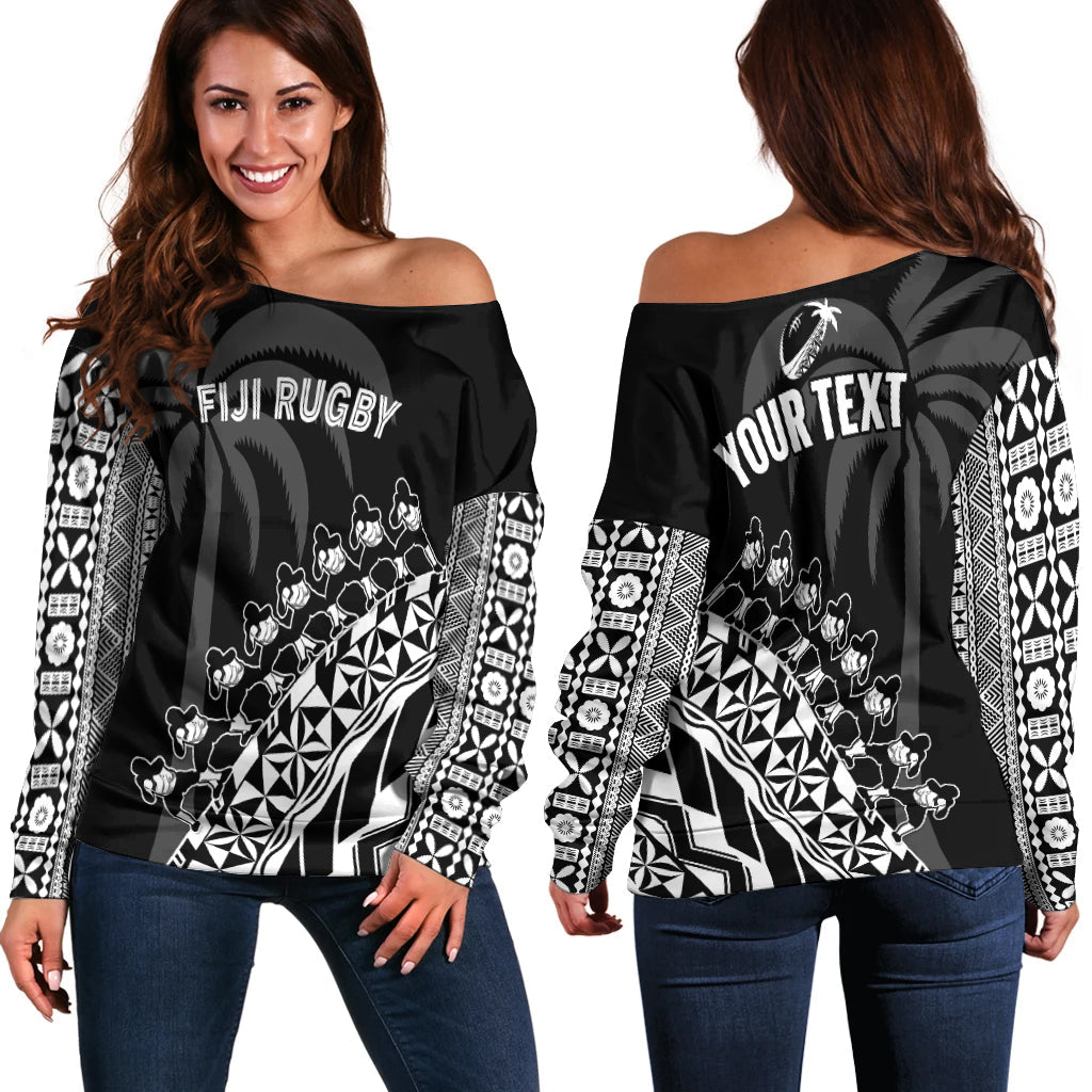 (Custom Personalised) Fiji Rugby Off Shoulder Sweater Fijian Cibi Dance Tapa Pattern Black