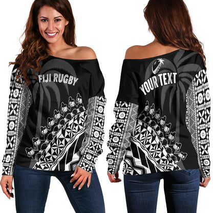 (Custom Personalised) Fiji Rugby Off Shoulder Sweater Fijian Cibi Dance Tapa Pattern Black