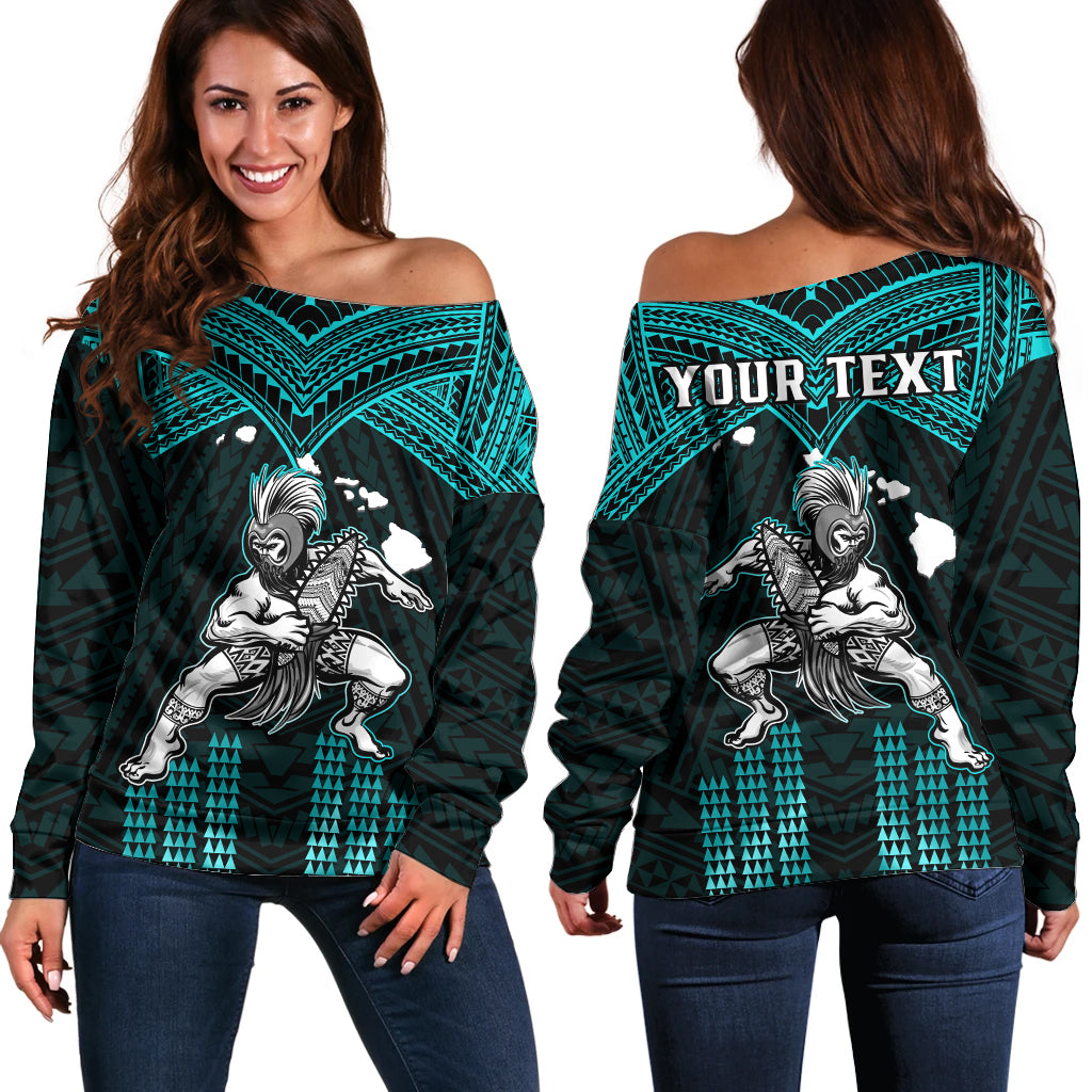 (Custom Personalised) Hawaii Off Shoulder Sweater Hawaiian Warrior With Weapon Polynesian Ver.02