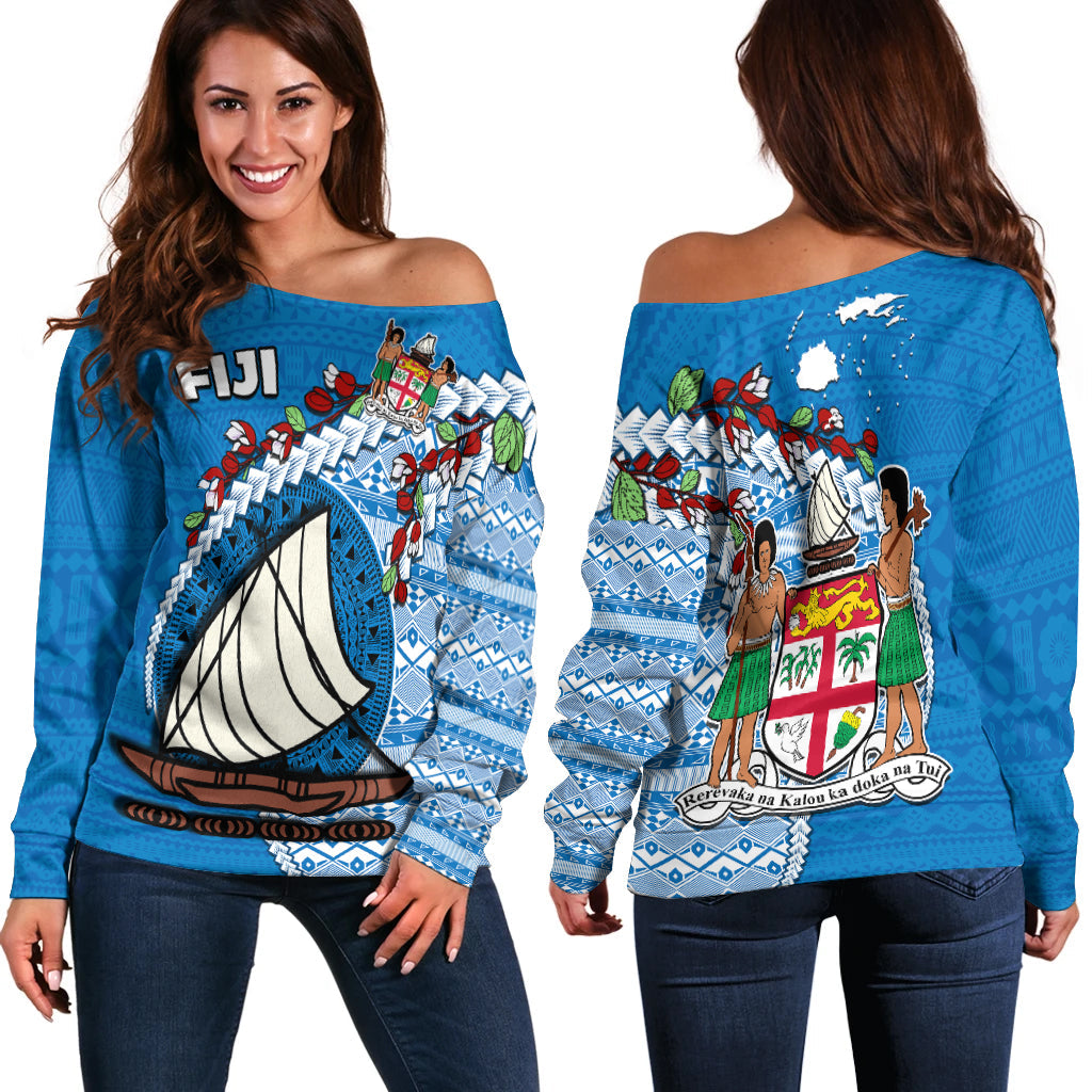 Fiji Off Shoulder Sweater Fijian Drua Mix Tagimaucia Flower Blue Style