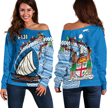 Fiji Off Shoulder Sweater Fijian Drua Mix Tagimaucia Flower Blue Style
