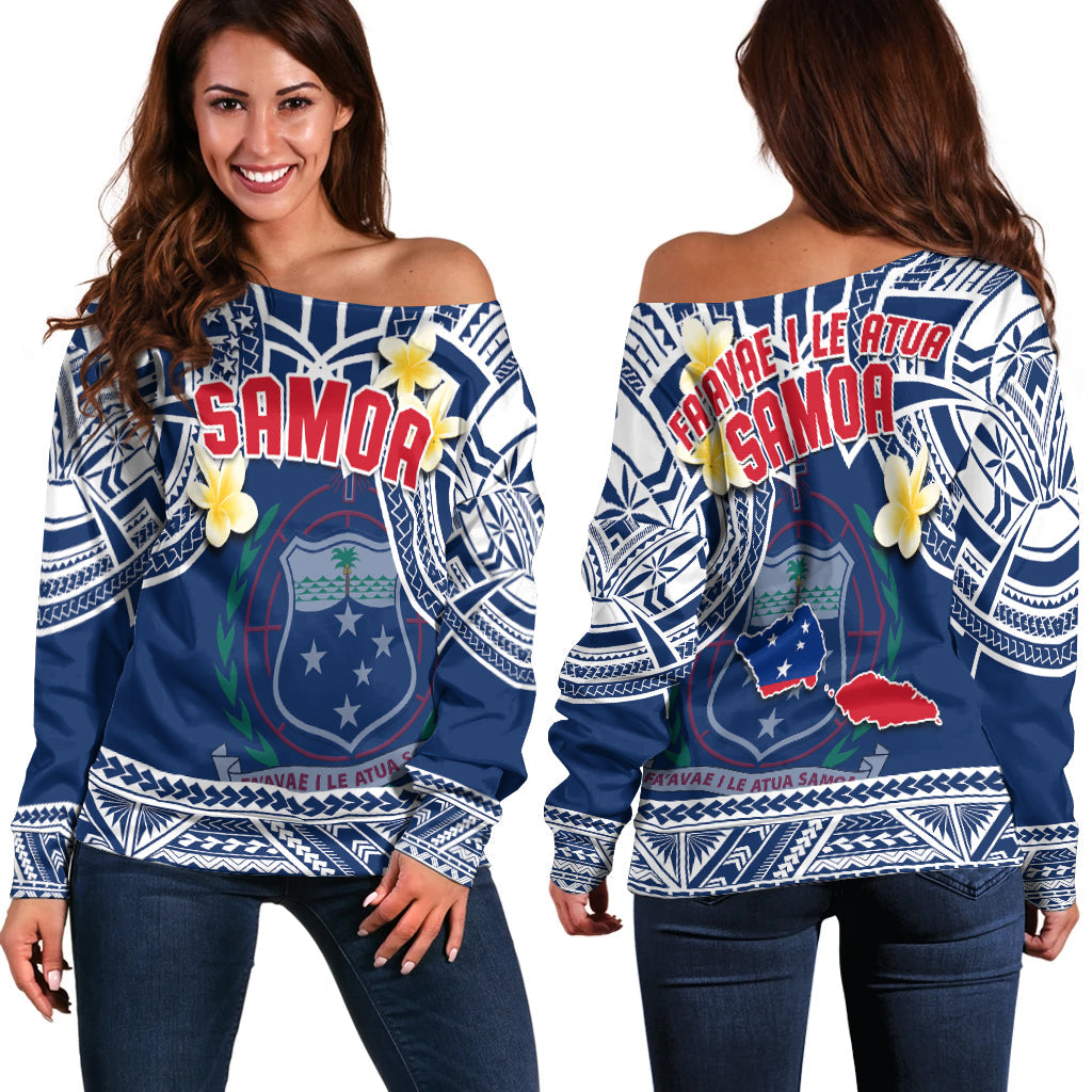 Samoa Off Shoulder Sweater Samoan Plumeria Flowers Mix Polynesian Pattern