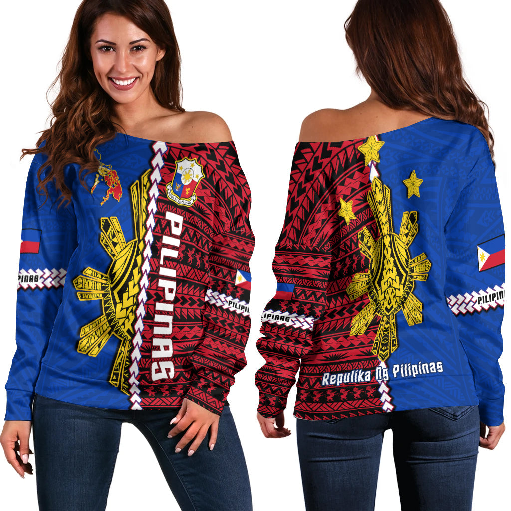 Philippines Off Shoulder Sweater Pilipinas Sun Mix Polynesian Pattern