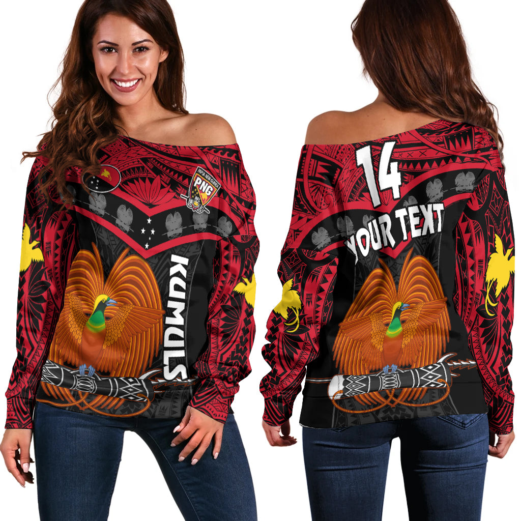 (Custom Text And Number) Papua New Guinea Rugby Off Shoulder Sweater PNG Kumuls Bird Of Paradise Black
