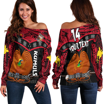 (Custom Text And Number) Papua New Guinea Rugby Off Shoulder Sweater PNG Kumuls Bird Of Paradise Black