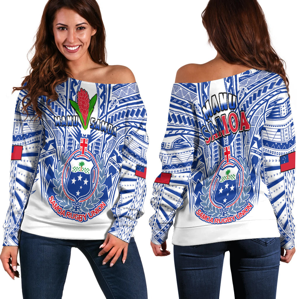 Samoa Rugby Off Shoulder Sweater Manu Samoa 7s Ginger White Polynesian