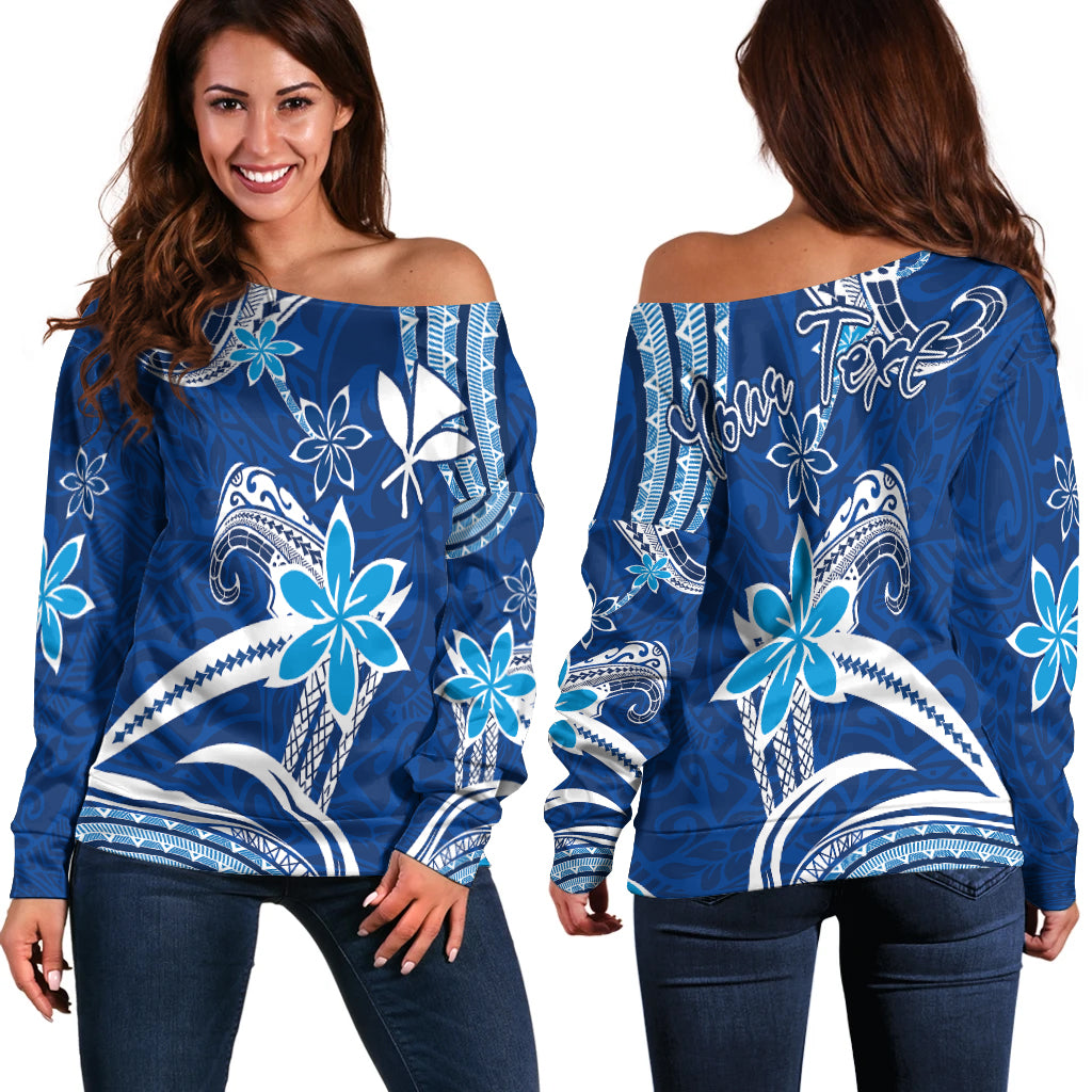 (Custom Personalised) Hawaii Flowers Wave Off Shoulder Sweater Kanaka Maoli Blue Polynesian