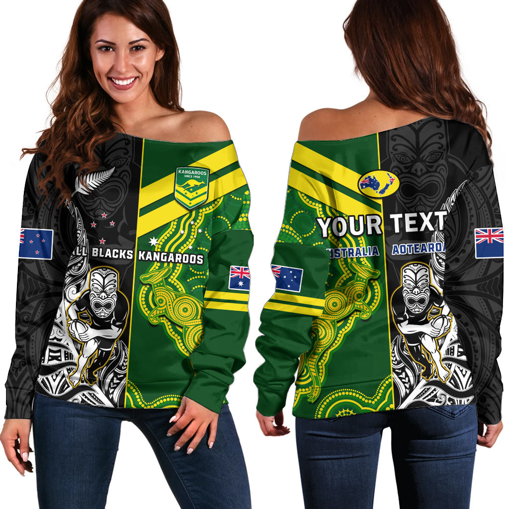(Custom Personalised) Australia Kangaroos And All Black Rugby Off Shoulder Sweater Aboriginal Mix NZ Maori Fern