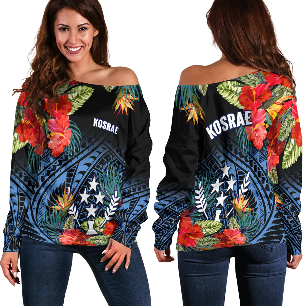 Kosrae State Off Shoulder Sweater FSM Hibiscus Flowers Mix Polynesian