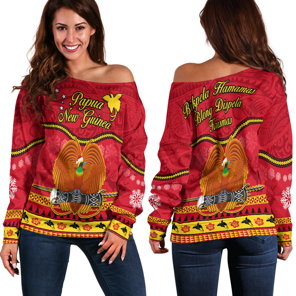 Papua New Guinea Christmas Off Shoulder Sweater Bird Of Paradise Bikpela Hamamas Blong Dispela Krismas