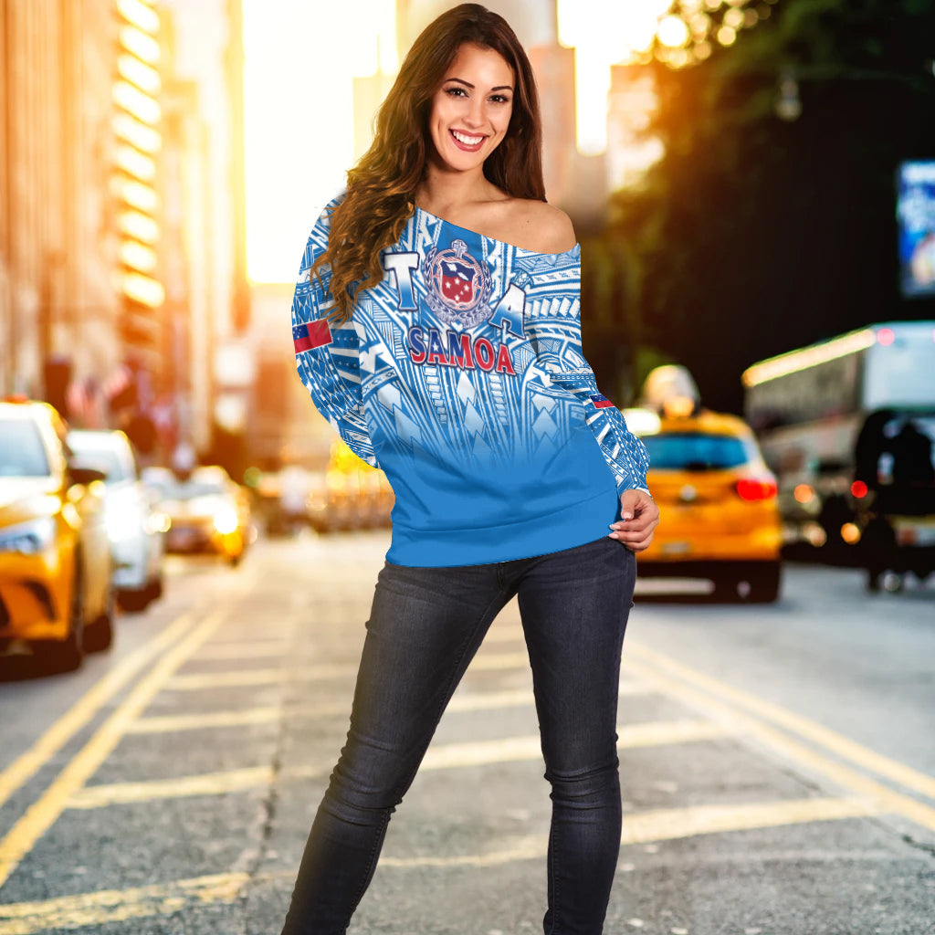 (Custom Text And Number) Samoa Rugby Off Shoulder Sweater Personalise Toa Samoa Polynesian Pacific Blue Version
