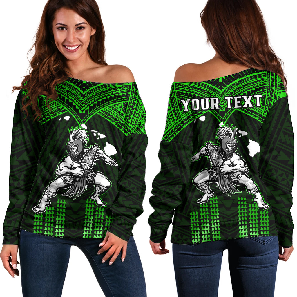 (Custom Personalised) Hawaii Off Shoulder Sweater Hawaiian Warrior With Weapon Polynesian Ver.03