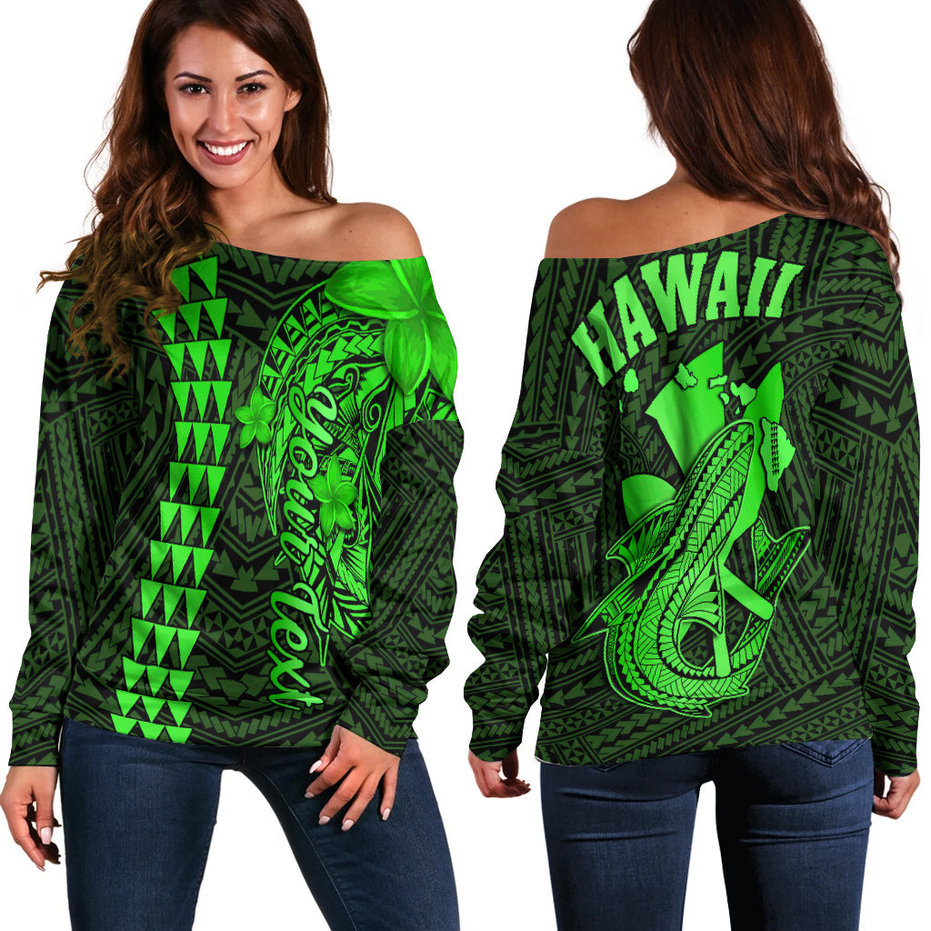 (Custom Personalised) Hawaii Off Shoulder Sweater Kakau Kanaka Maoli Combine Polynesian Shark Ver.02