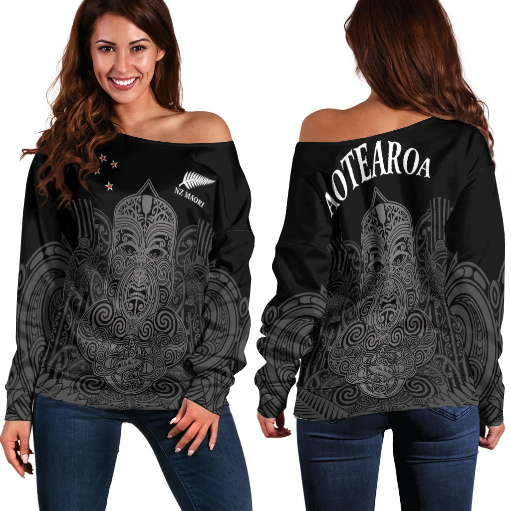 New Zealand Tiki Rugby Off Shoulder Sweater NZ Maori Koru Pattern