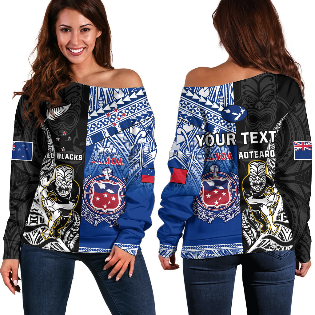 (Custom Personalised) All Black And Toa Samoa Rugby Off Shoulder Sweater NZ Maori Fern Mix Polynesian