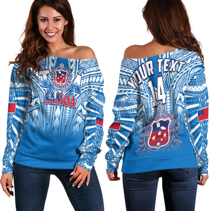 (Custom Text And Number) Samoa Rugby Off Shoulder Sweater Personalise Toa Samoa Polynesian Pacific Blue Version