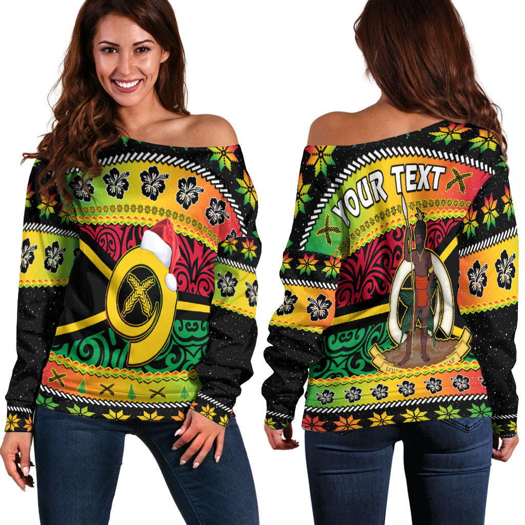 (Custom Personalised) Vanuatu Christmas Off Shoulder Sweater Pig Tusk Polynesian Joyeux Noel Flag Art