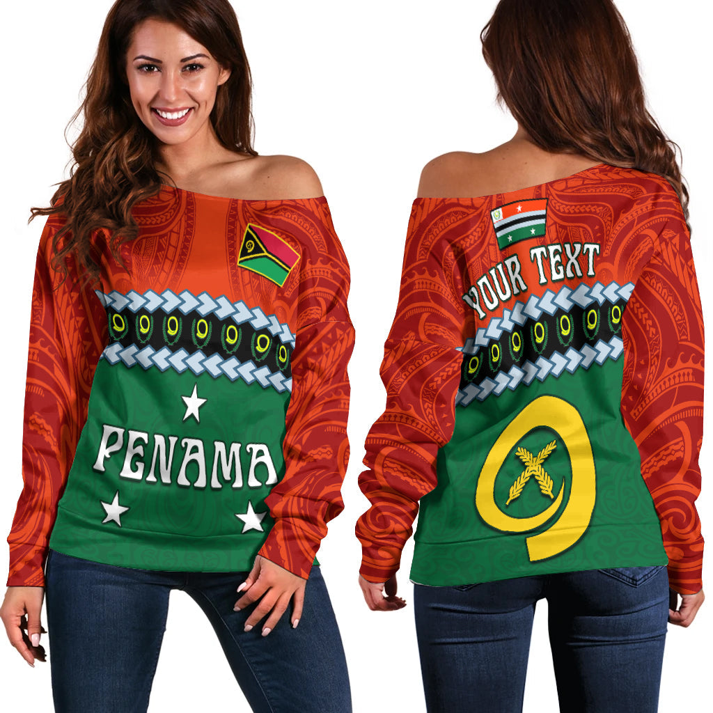 (Custom Personalised) Penama Province Off Shoulder Sweater Vanuatu Pig Tusk Polynesian Flag Style