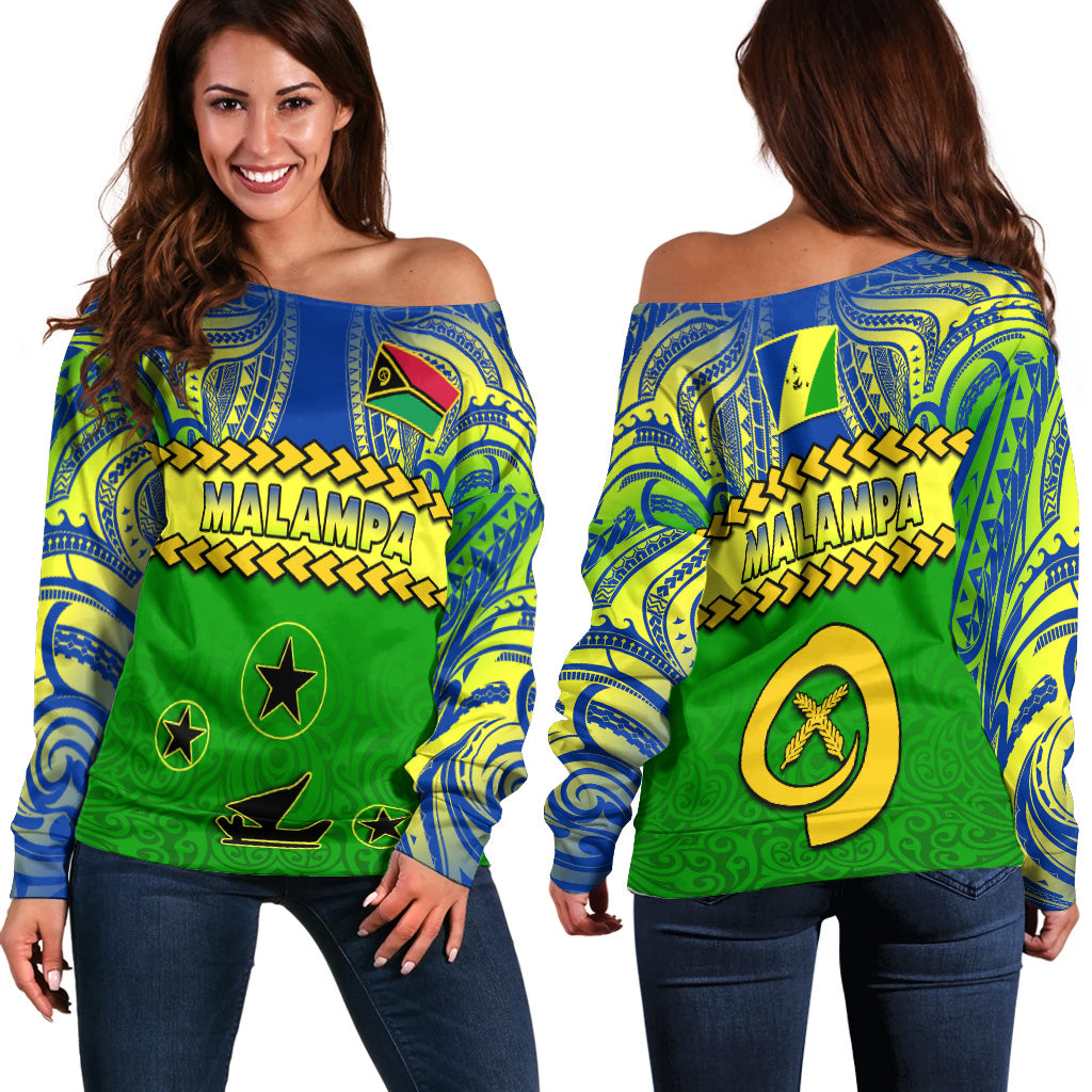 Malampa Province Off Shoulder Sweater Vanuatu Pig Tusk Polynesian Flag Style
