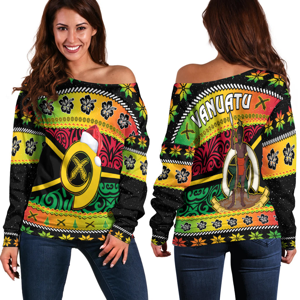 Vanuatu Christmas Off Shoulder Sweater Pig Tusk Polynesian Joyeux Noel Flag Art