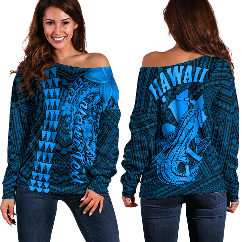 (Custom Personalised) Hawaii Off Shoulder Sweater Kakau Kanaka Maoli Combine Polynesian Shark Ver.03