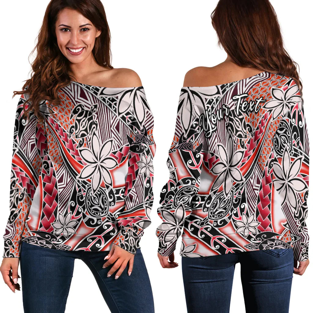 (Custom Personalised) Hawaii Off Shoulder Sweater Tribal Plumeria With Polynesian Turtle Ver.03