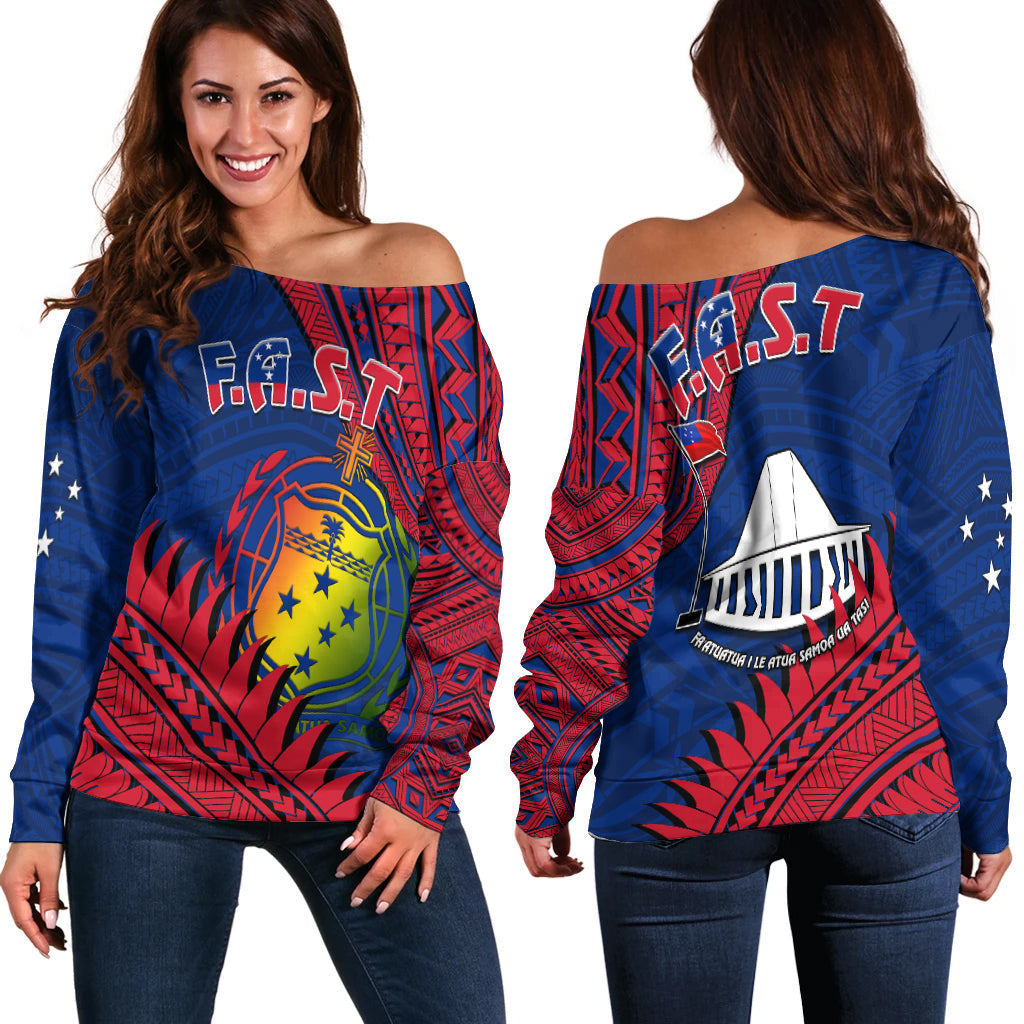 F.A.S.T Samoa Off Shoulder Sweater Samoan Coat Of Arms Polynesian Pattern
