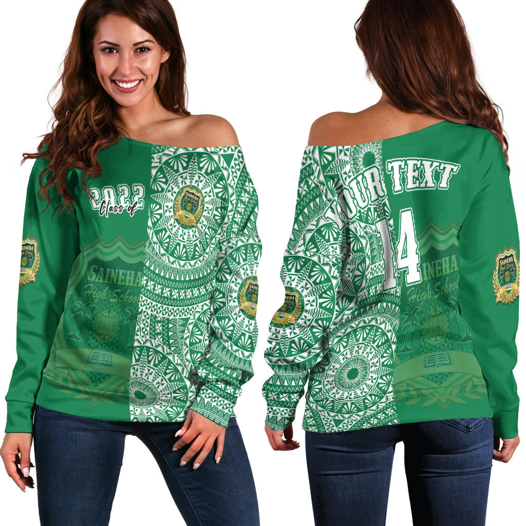 (Custom Text And Number) Tonga Saineha High School Off Shoulder Sweater Class Of Year Tongan Ngatu Pattern