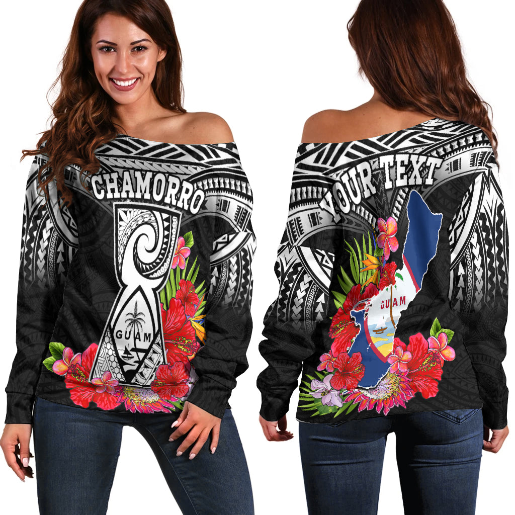 (Custom Personalised) Guam Chamorro Off Shoulder Sweater Guaman Latte Stone Tropical Flowers Black Style