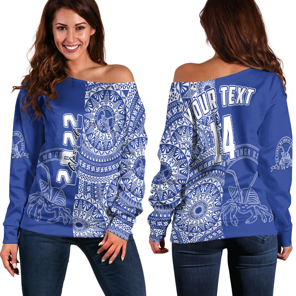 (Custom Text And Number) Tupou Tonga College Off Shoulder Sweater Class Of Year Tongan Ngatu Pattern