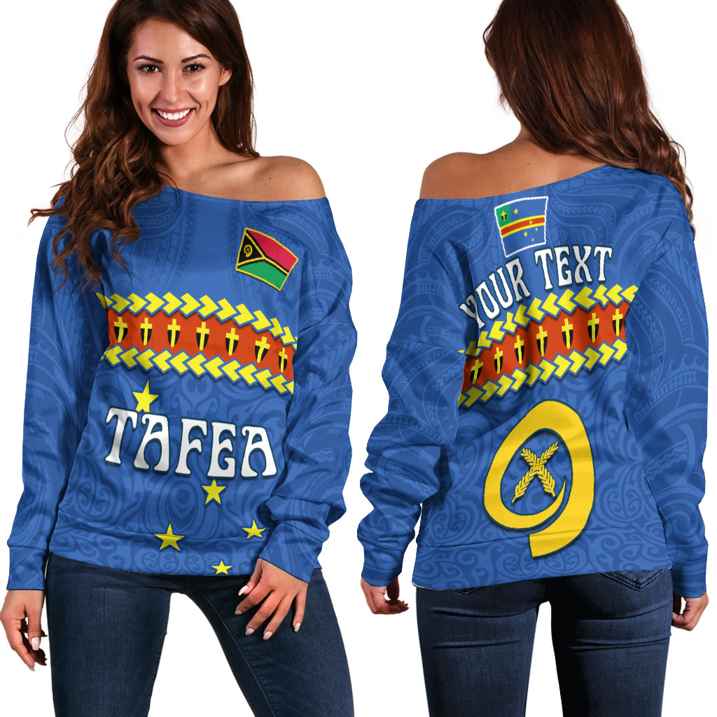 (Custom Personalised) Tafea Province Off Shoulder Sweater Vanuatu Pig Tusk Polynesian Flag Style