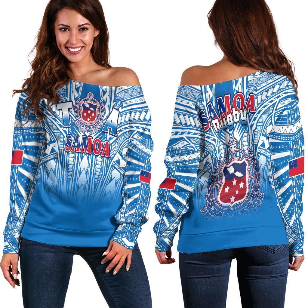 Samoa Rugby Off Shoulder Sweater Toa Samoa Polynesian Pacific Blue Version