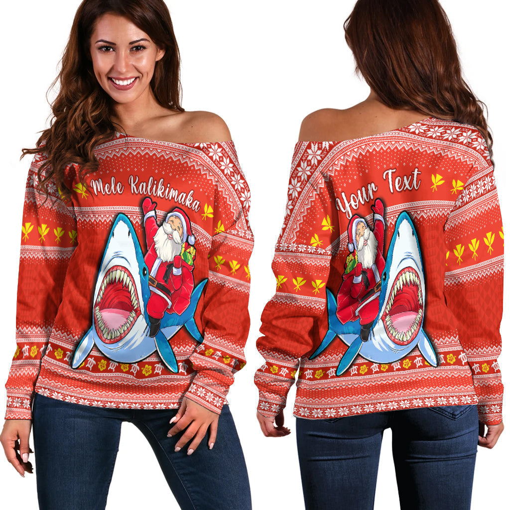 (Custom Personalised) Hawaii Christmas Off Shoulder Sweater Santa Shark Mele Kalikimaka Tribal