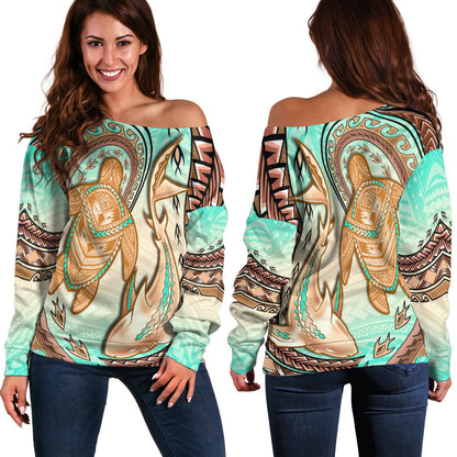 Hawaii Off Shoulder Sweater Polynesian Shark And Sea Turtle Dreamy Turquoise Artsy