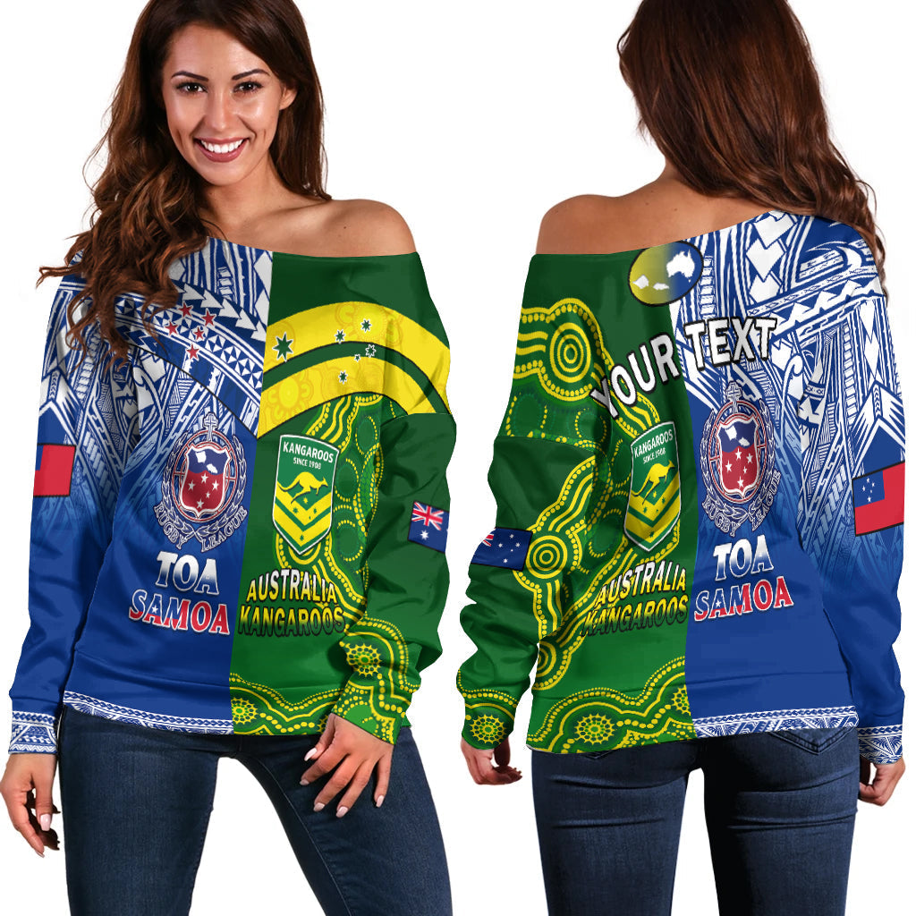(Custom Personalised) Samoa Rugby and Australia Rugby Off Shoulder Sweater Toa Samoa Mix Kangaroos Pacific