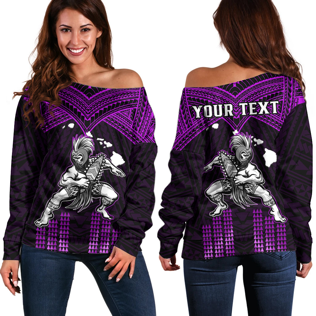 (Custom Personalised) Hawaii Off Shoulder Sweater Hawaiian Warrior With Weapon Polynesian Ver.04